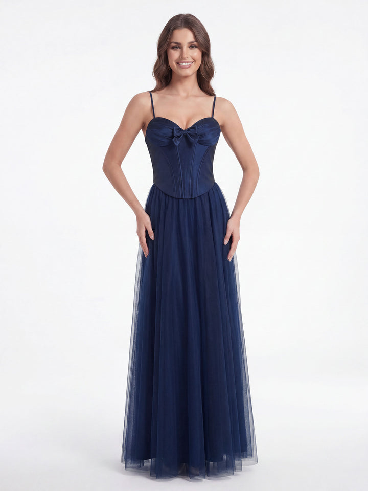 Navy Blue Sweetheart Bow Bust Corset Waist Tulle A Line Prom Dress – Carlyna