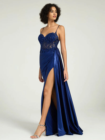 Carlyna Carlyna Satin Sheath Gown with Sweetheart Neckline, Strappy Back, and High Leg Slit