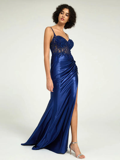 Carlyna Carlyna Carlyna Carlyna Carlyna Satin Sheath Gown with Sweetheart Neckline, Strappy Back, and High Leg Slit