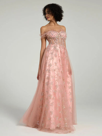 Carlyna Carlyna Off-the-Shoulder Floral Embellished A-Line Ball Gown