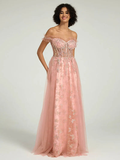 Carlyna Carlyna Carlyna Off-the-Shoulder Floral Embellished A-Line Ball Gown