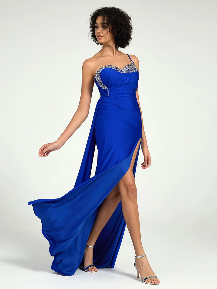 One Shoulder A-Line Sequin Embellished Prom Dress with Crystal Accents & Leg Slit One Shoulder A-Line Sequin Embellished Prom Dress with Crystal Accents & Leg Slit