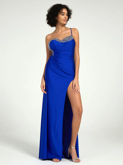 One Shoulder A-Line Sequin Embellished Prom Dress with Crystal Accents & Leg Slit