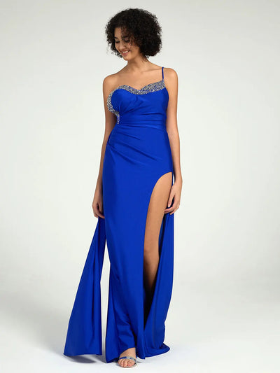 One Shoulder A-Line Sequin Embellished Prom Dress with Crystal Accents & Leg Slit