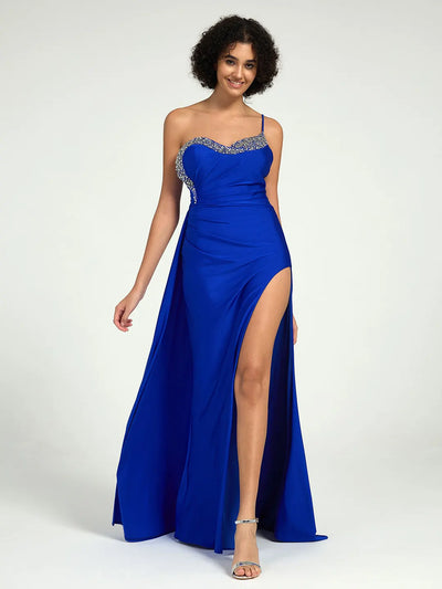 One Shoulder A-Line Sequin Embellished Prom Dress with Crystal Accents & Leg Slit
