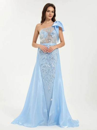 Carlyna One Shoulder Glitter Sequin Mermaid Dress with Sheer Bodice & Removable Train