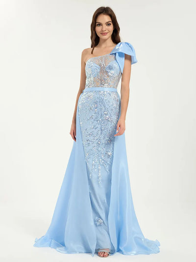 Carlyna Carlyna One Shoulder Glitter Sequin Mermaid Dress with Sheer Bodice & Removable Train