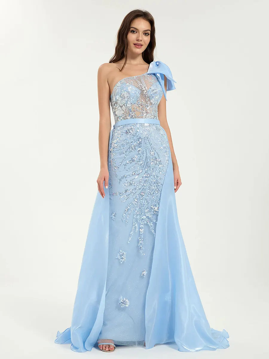 One Shoulder Glitter Sequin Mermaid Dress with Sheer Bodice and Removable Train Formal Prom Gown Carlyna One Shoulder Glitter Sequin Mermaid Dress with Sheer Bodice and Removable Train Formal Prom Gown Carlyna