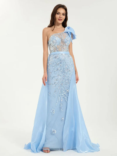 Carlyna Carlyna Carlyna One Shoulder Glitter Sequin Mermaid Dress with Sheer Bodice & Removable Train