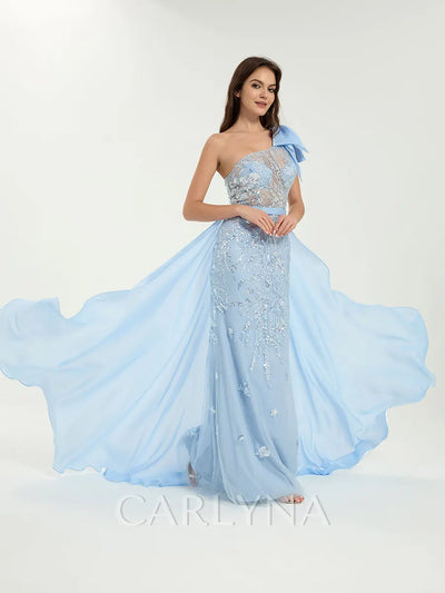 Carlyna Carlyna Carlyna Carlyna One Shoulder Glitter Sequin Mermaid Dress with Sheer Bodice & Removable Train