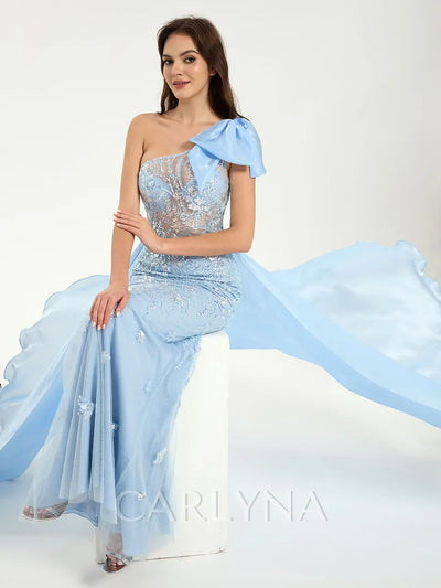 Carlyna Carlyna Carlyna Carlyna Carlyna Carlyna One Shoulder Glitter Sequin Mermaid Dress with Sheer Bodice & Removable Train