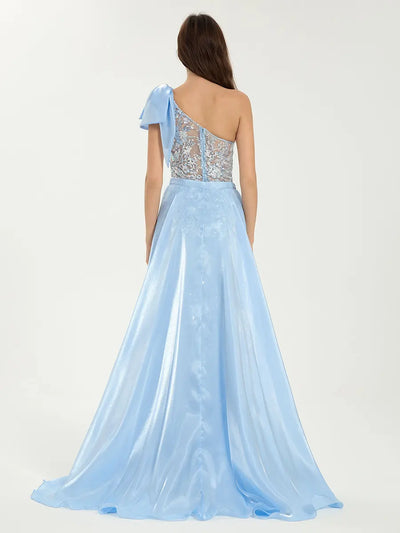 Carlyna Carlyna Carlyna Carlyna Carlyna Carlyna Carlyna Carlyna Carlyna One Shoulder Glitter Sequin Mermaid Dress with Sheer Bodice & Removable Train