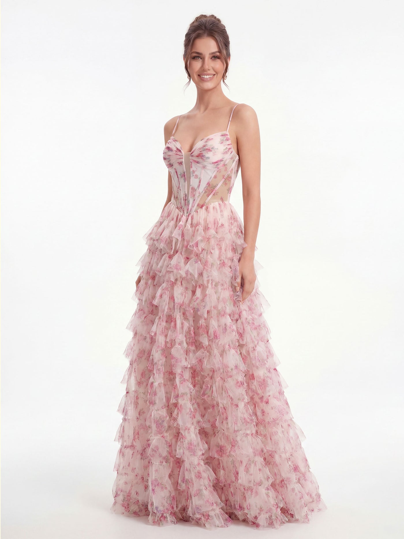 Pink Floral Sweetheart A-Line Tulle Ruffle Prom Dress