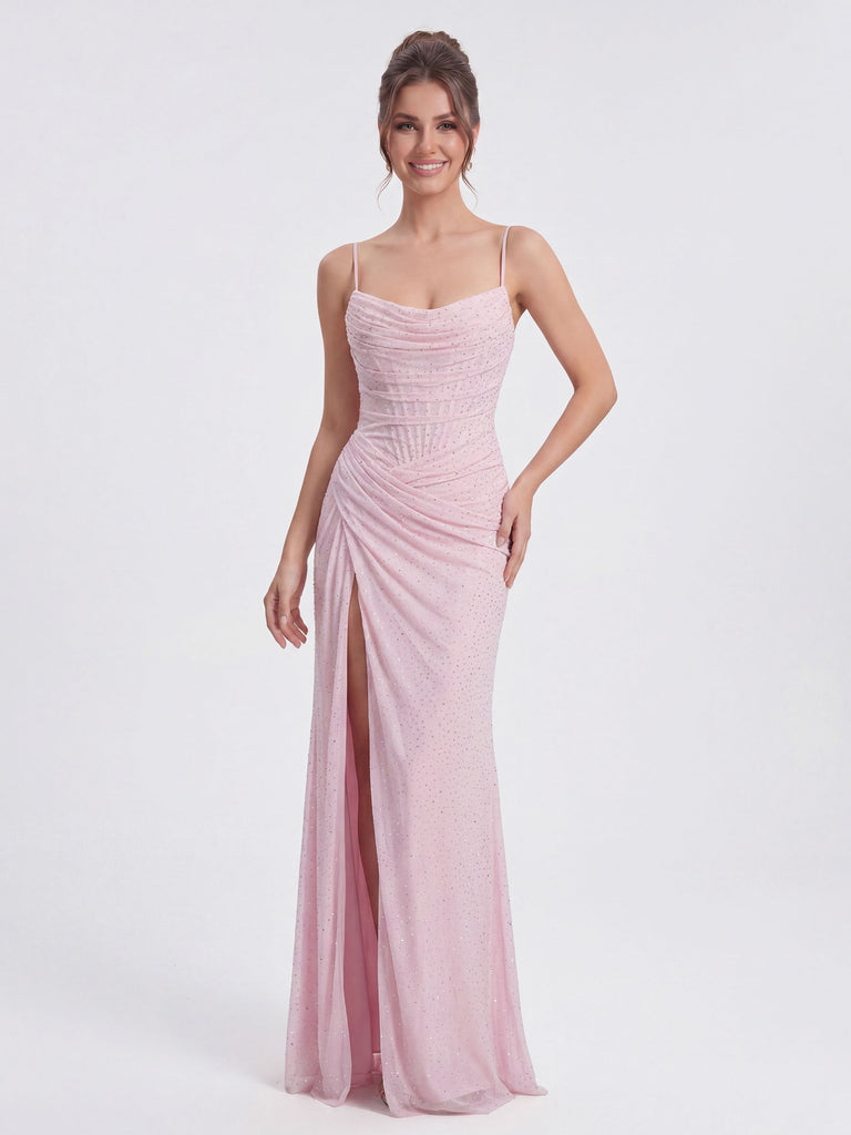 Pink Glitter Dot Spaghetti Strap Corset Ruched High Slit Evening Gown