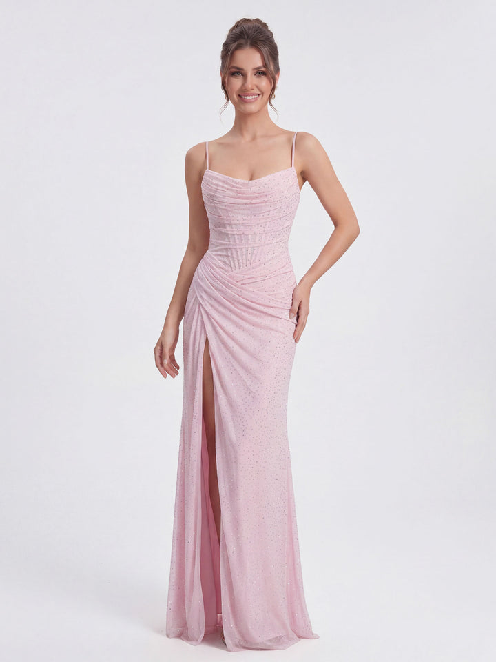 pink glitter ruched dress Jovani D5055 Strapless Gown with Embellished Bodice and Ruched Skirt Hot-Pink / 4