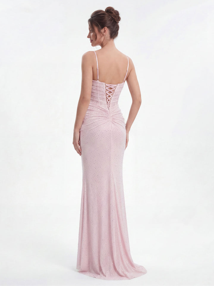 Pink Glitter Dot Spaghetti Strap Corset Ruched High Slit Evening Gown