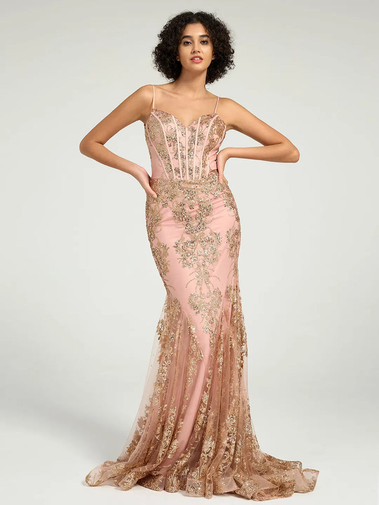 Long Fit & Flare Corset Prom Dress with Rose Gold Glitter Print Long Fit & Flare Corset Prom Dress with Rose Gold Glitter Print