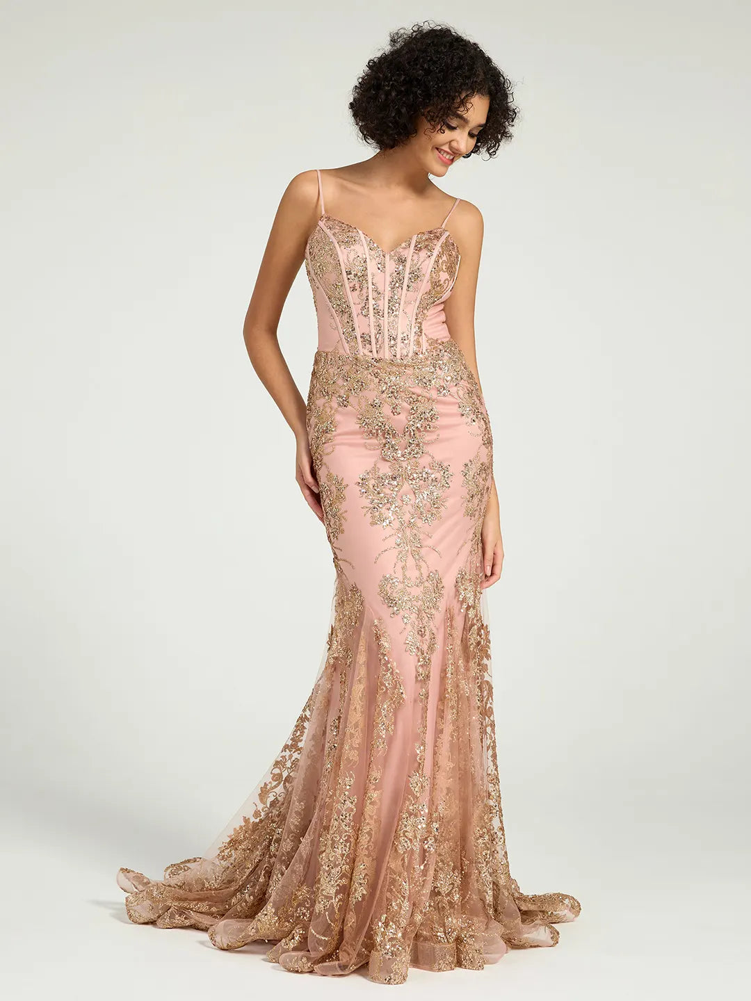 Stunning Pink Corset Prom Dress with Rose Gold Glitter
