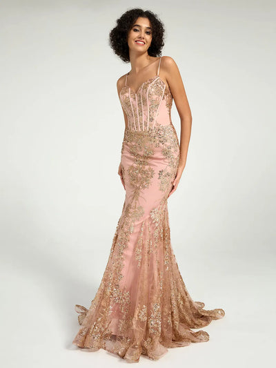 Carlyna Carlyna Carlyna Carlyna Long Fit & Flare Corset Prom Dress with Rose Gold Glitter Print