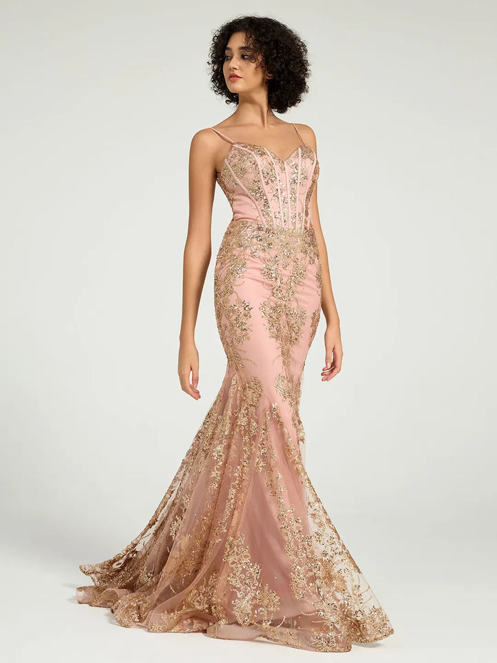 Long Fit & Flare Corset Prom Dress with Rose Gold Glitter Print Long Fit & Flare Corset Prom Dress with Rose Gold Glitter Print