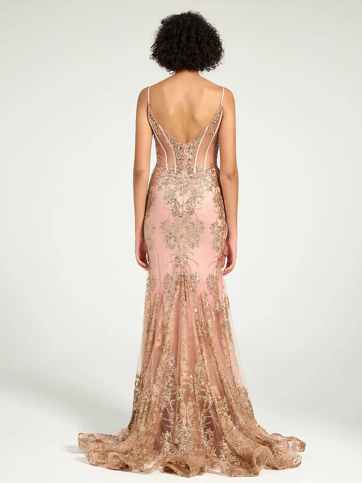 slim fit dress slacks Elegant Mermaid Halter Rose Gold Evening Gown with Slit – FancyVestido