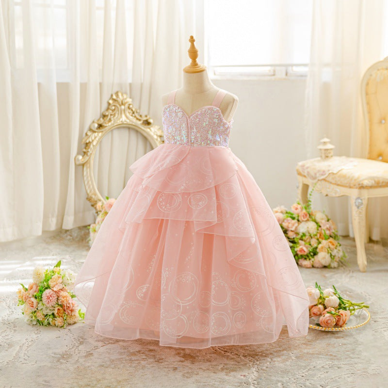 Pink Sequin Floor Length Tulle Dress for Girls - Cascading Ruffle A-line Gown
