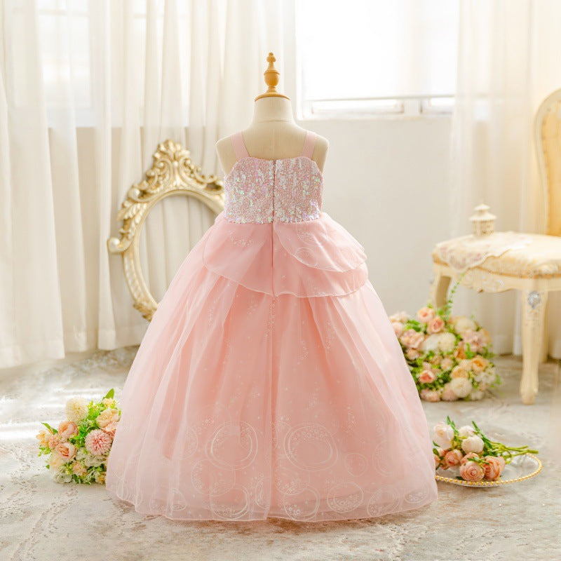 Pink Sequin Floor Length Tulle Dress for Girls - Cascading Ruffle A-line Gown