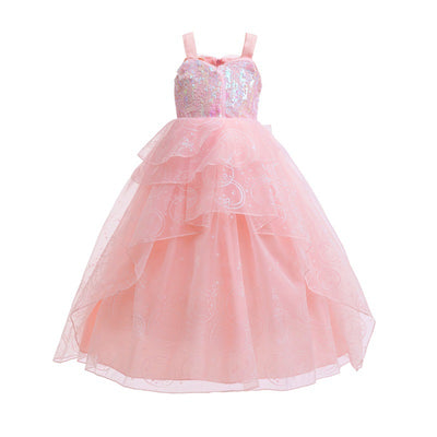 Pink Sequin Floor Length Tulle Dress for Girls - Cascading Ruffle A-line Gown