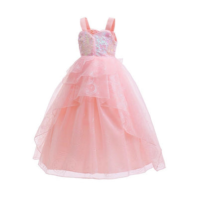 Pink Sequin Floor Length Tulle Dress for Girls - Cascading Ruffle A-line Gown