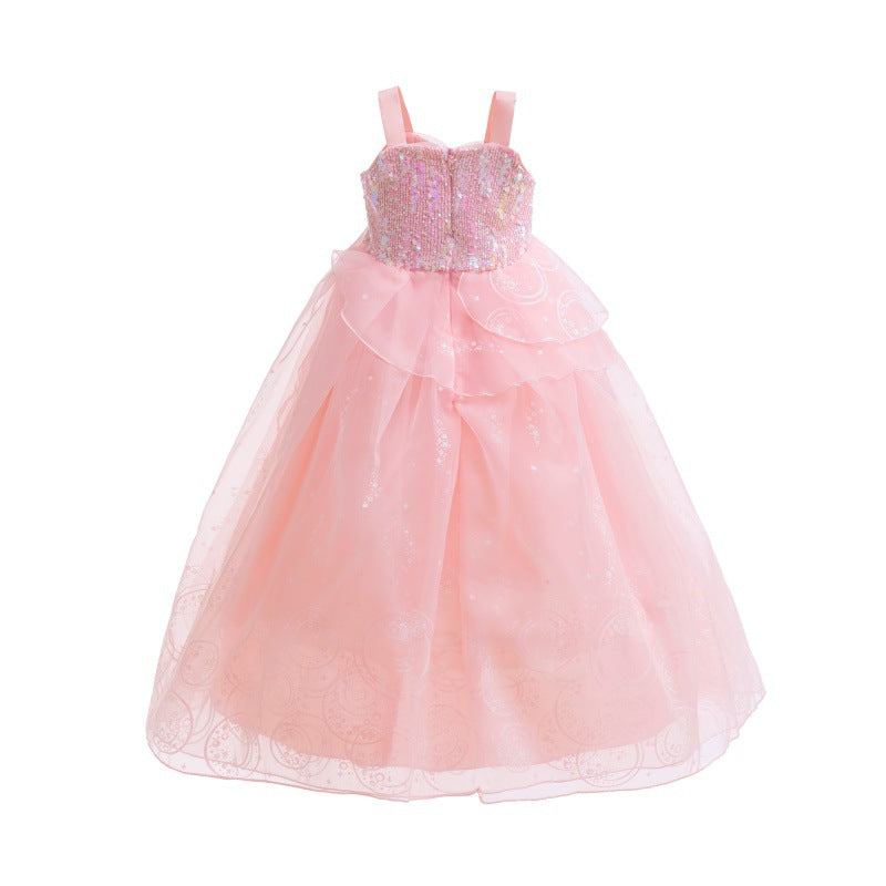 Pink Sequin Floor Length Tulle Dress for Girls - Cascading Ruffle A-line Gown