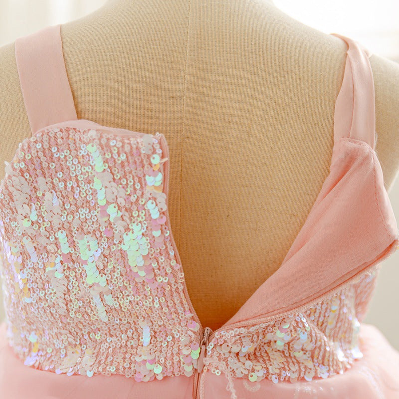 Pink Sequin Floor Length Tulle Dress for Girls - Cascading Ruffle A-line Gown