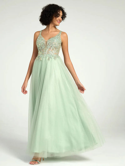 Carlyna Carlyna Plunge Neck Floral Lace A-Line Ball Gown with Open Back