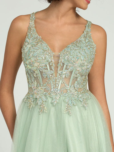 Carlyna Carlyna Carlyna Carlyna Carlyna Plunge Neck Floral Lace A-Line Ball Gown with Open Back