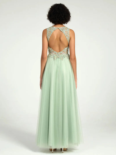 Carlyna Carlyna Carlyna Carlyna Carlyna Carlyna Plunge Neck Floral Lace A-Line Ball Gown with Open Back
