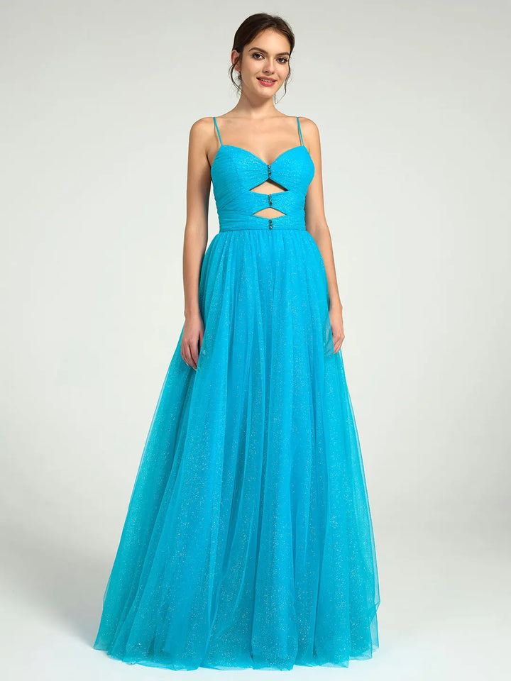 Radiant Glitter Tulle A-Line Maxi Dress with Cutouts & Strappy Back Radiant Glitter Tulle A-Line Maxi Dress with Cutouts & Strappy Back