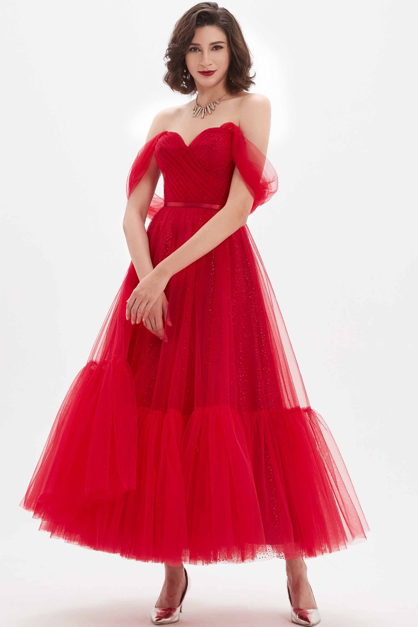 Red V-Cut OFF Shoulder Pleated Bodice Tulle Prom Dress