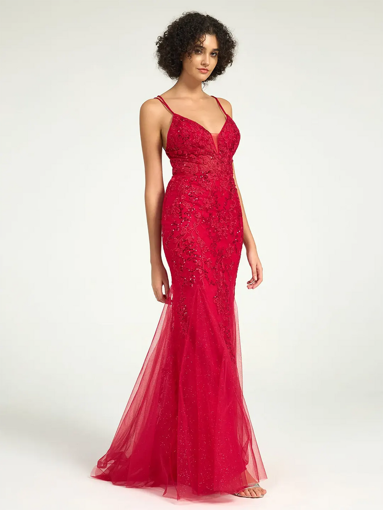 strapless open back dress V-Neck Lace-Up Mermaid Tulle Maxi Formal Prom Dress with Sequin Lace