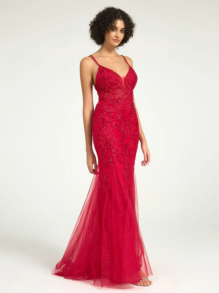 V-Neck Lace-Up Mermaid Tulle Maxi Formal Prom Dress with Sequin Lace V-Neck Lace-Up Mermaid Tulle Maxi Formal Prom Dress with Sequin Lace