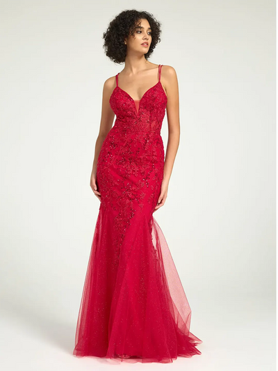 Carlyna Carlyna Carlyna V-Neck Lace-Up Mermaid Tulle Maxi Formal Prom Dress with Sequin Lace