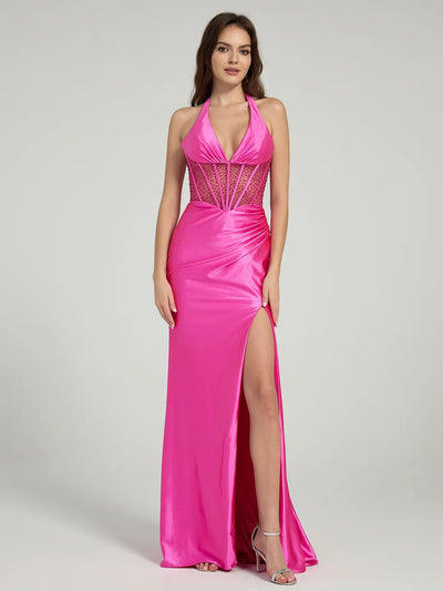 Rhinestone Trim Fish Bone Seam Slit Halter Mermaid Evening Gown