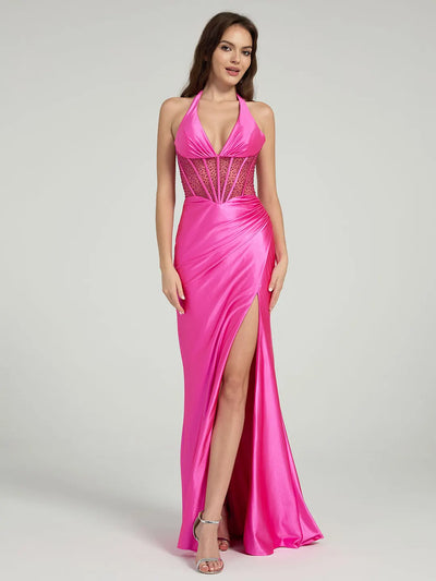 Rhinestone Trim Fish Bone Seam Slit Halter Mermaid Evening Gown