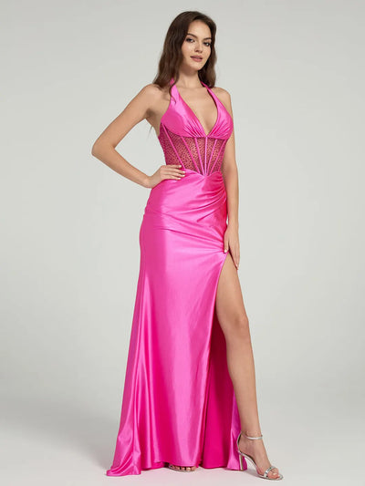 Rhinestone Trim Fish Bone Seam Slit Halter Mermaid Evening Gown