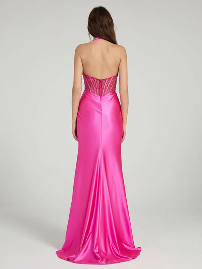 Rhinestone Trim Fish Bone Seam Slit Halter Mermaid Evening Gown