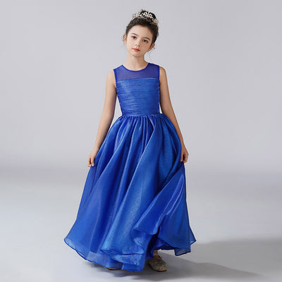 Royal Blue A-Line Kids Party Dress for Girls with Ribbon & Tie-belt