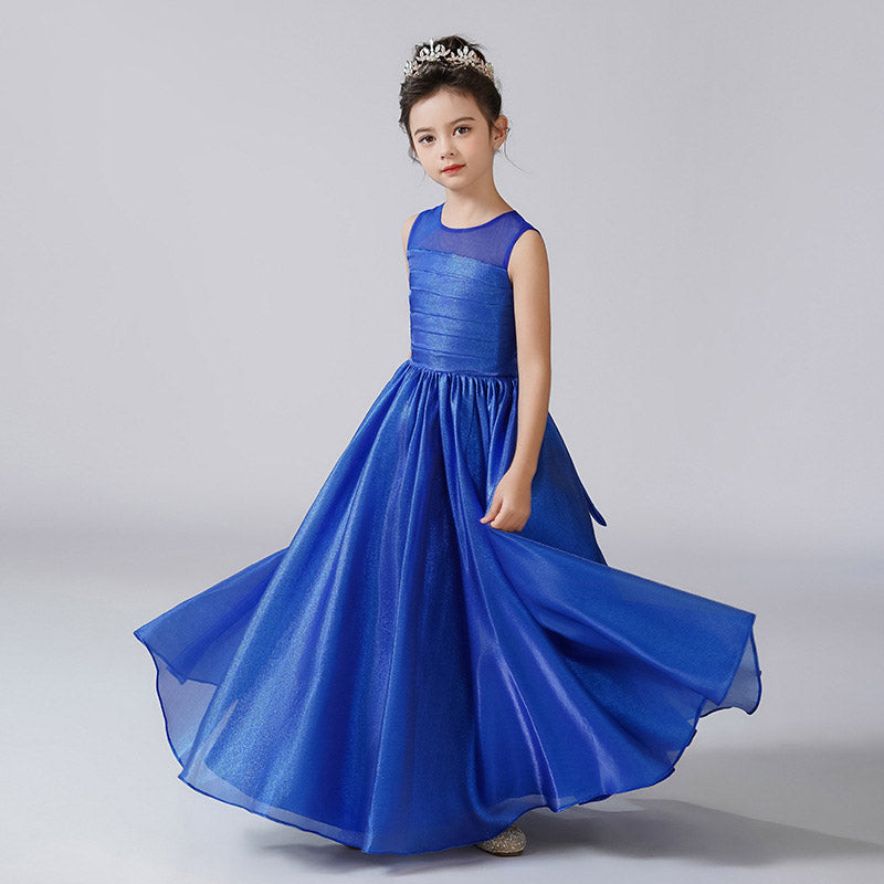Royal Blue A-Line Kids Party Dress for Girls with Ribbon & Tie-belt