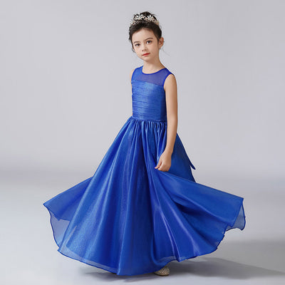 Royal Blue A-Line Kids Party Dress for Girls with Ribbon & Tie-belt