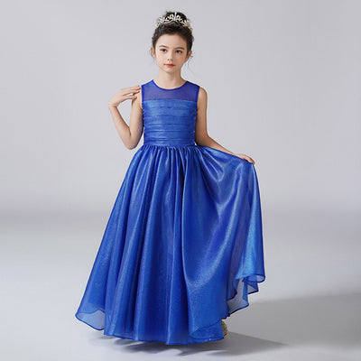 Royal Blue A-Line Kids Party Dress for Girls with Ribbon & Tie-belt