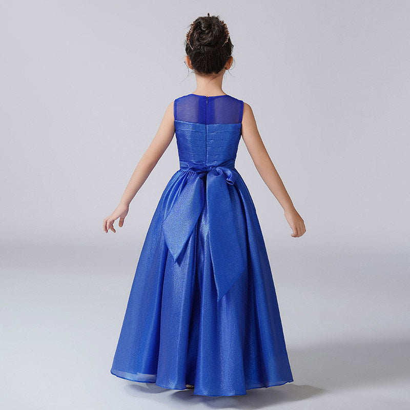 Royal Blue A-Line Kids Party Dress for Girls with Ribbon & Tie-belt