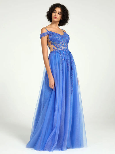 Carlyna A-Line Lace & Tulle Dress with Floral Sequin Embellishments and Leg Slit