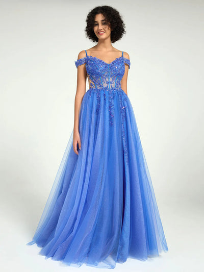 Carlyna Carlyna A-Line Lace & Tulle Dress with Floral Sequin Embellishments and Leg Slit